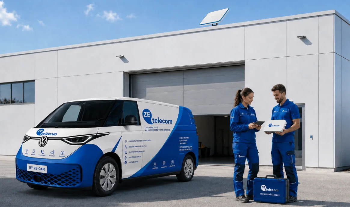 Deux techniciens ZE Telecom devant leur véhicule d’intervention, mallette de connectivité satellite à la main, antenne Sat-Access posée sur le bâtiment