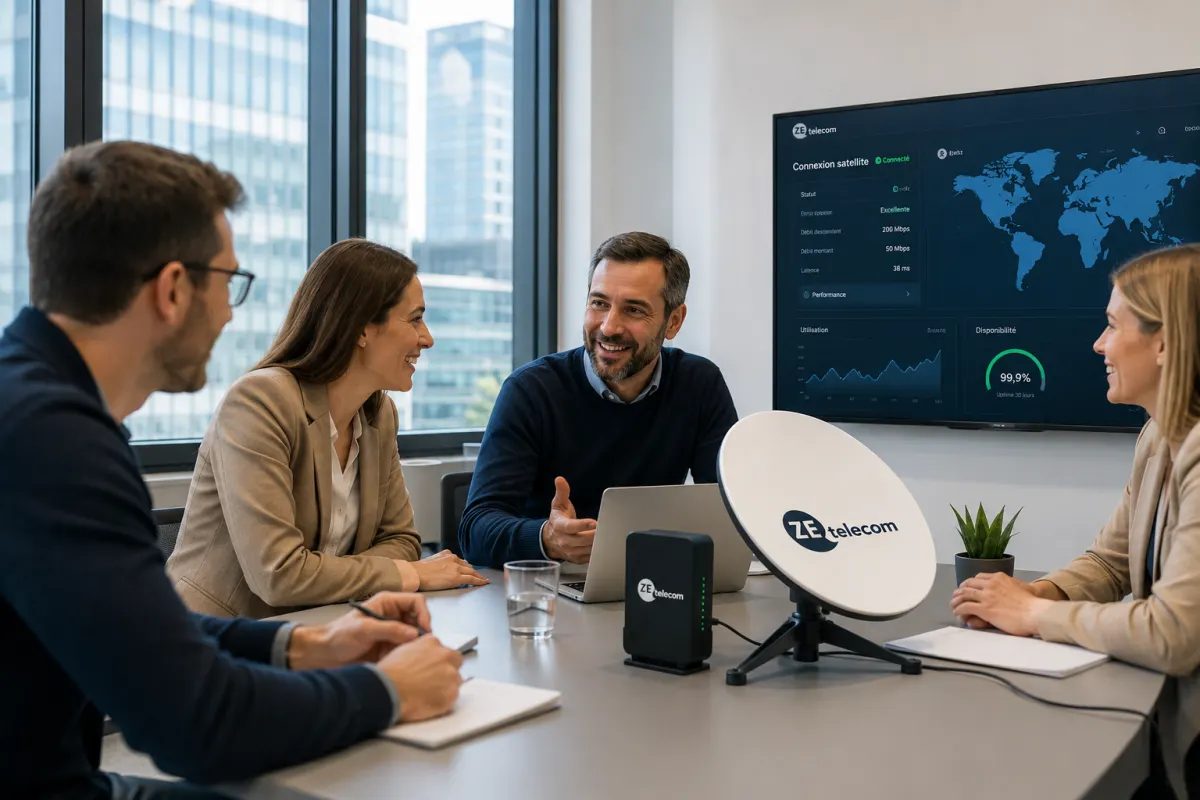 Une équipe ZE Telecom présente un kit de connexion satellite Sat-Access en réunion, tableau de bord de supervision à l’écran.